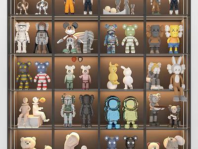 Assorted Stuffed Dolls Collection with Colorful Diverse Designs on Display Shelves 3d model