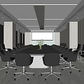 Modern Conference Room Interior Design With Long Table Black Chairs Wooden Walls And Projector Screen