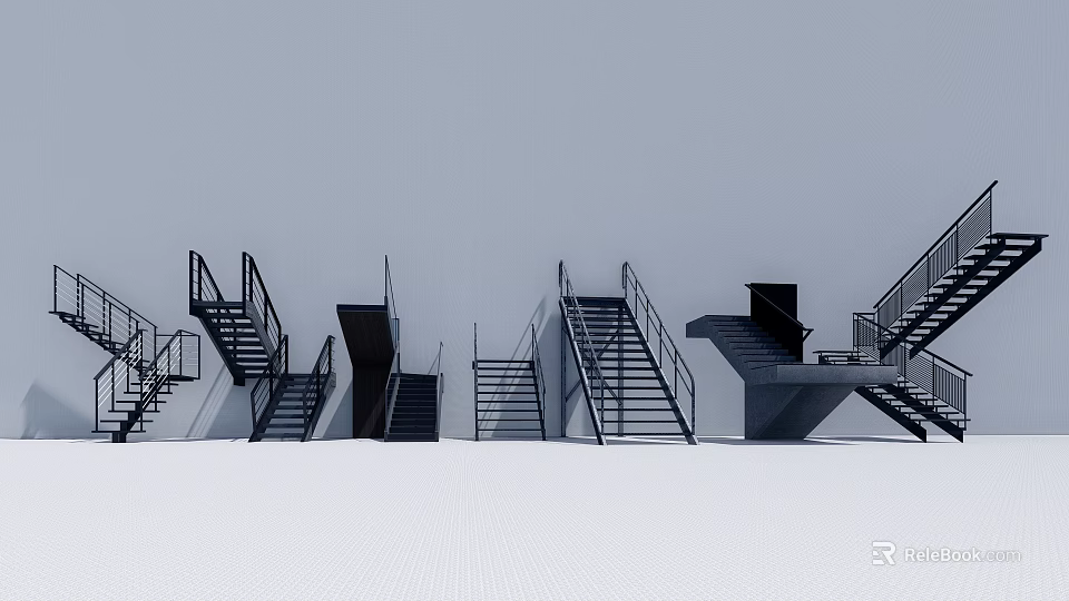 Black Metal Stairs with Various Designs Against Grey Background and White Grid Floor 3d model 