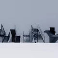 Black Metal Stairs with Various Designs Against Grey Background and White Grid Floor