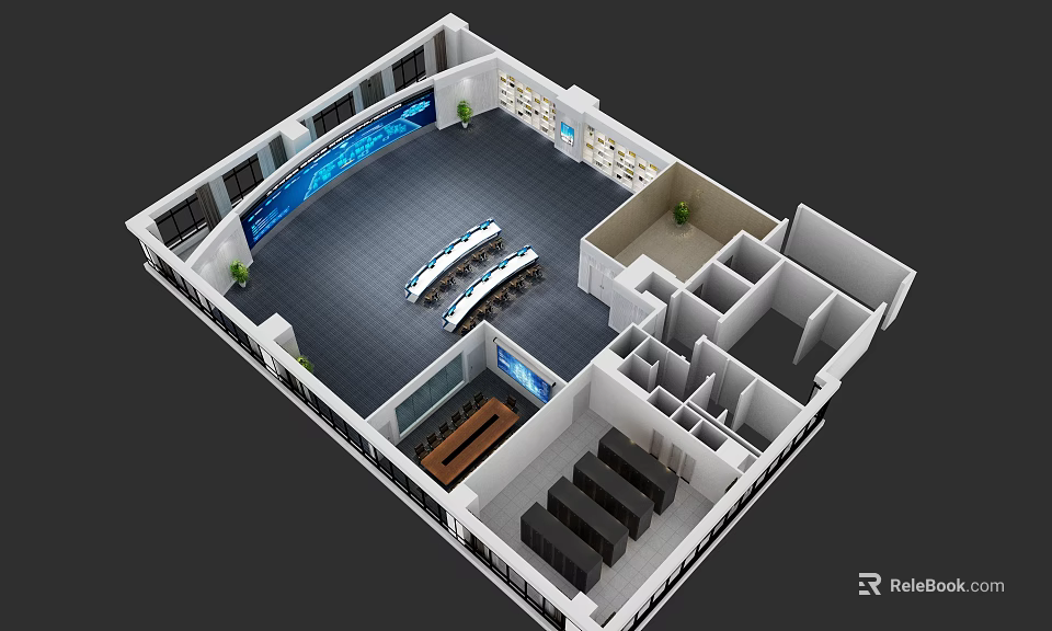 Aerial View of Modern Control Room Interior with Long Tables Large Screens Seats and Plants 3d model 