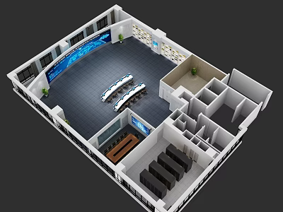 Aerial View of Modern Control Room Interior with Long Tables Large Screens Seats and Plants 3d model