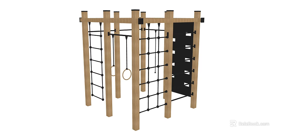Wooden Playground Equipment With Climbing Net Hanging Rings Ladder And Vertical Panel 3d model 