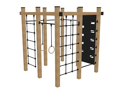 Wooden Playground Equipment With Climbing Net Hanging Rings Ladder And Vertical Panel 3d model