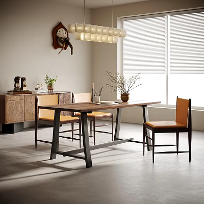 Modern Dining Table Set with Wooden Top Metal Legs Orange Upholstered Chairs and Decorative Vase 3d model