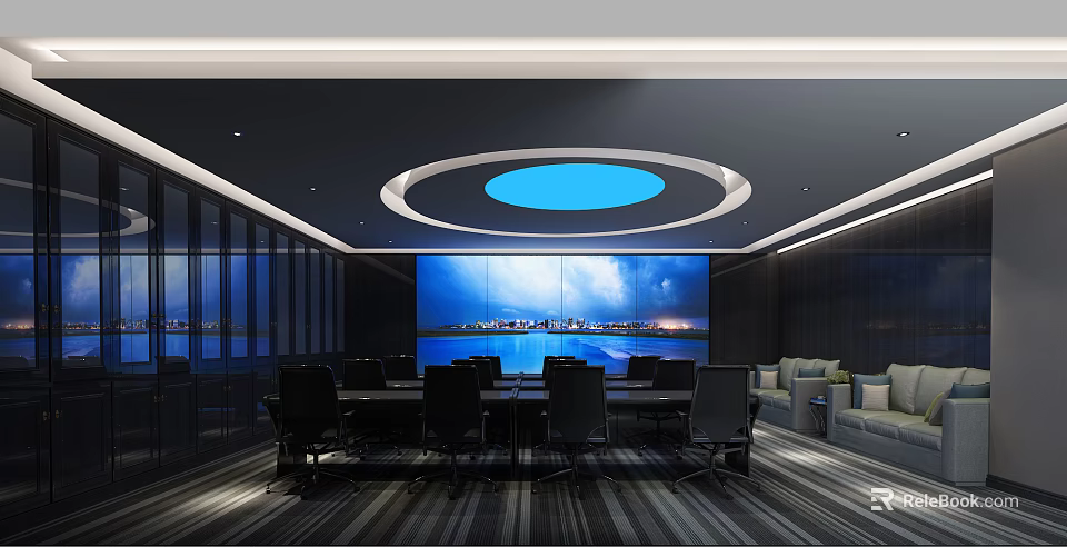 Modern Monitoring Room With Large Screens Displaying Cityscape And Conference Setup 3d model 