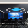 Modern Monitoring Room With Large Screens Displaying Cityscape And Conference Setup