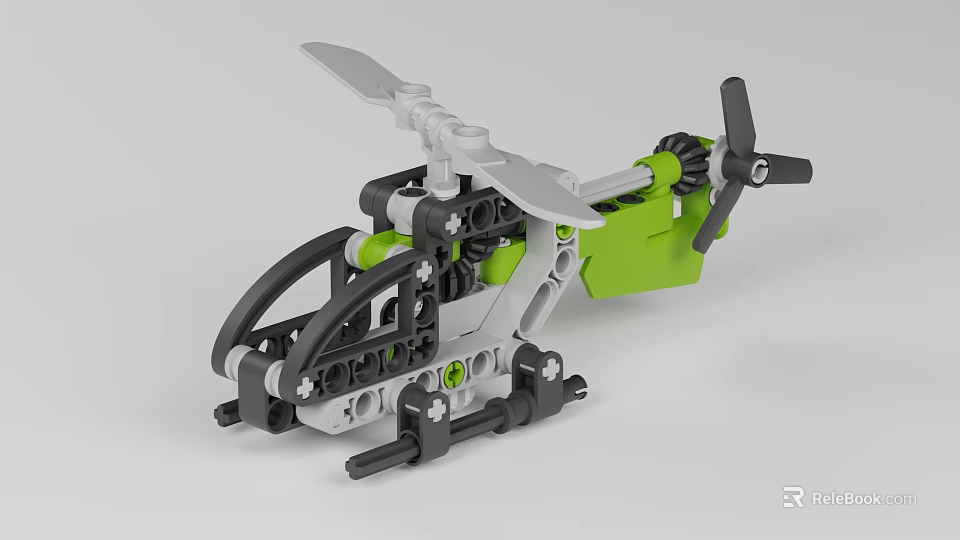 Mechanical Building Blocks Helicopter Model With Green Gray Fuselage And Rotating Propeller 3d model