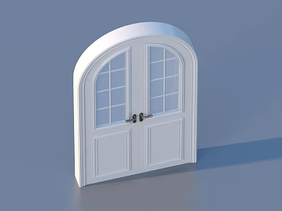 White Double Swing Door With Arched Top Glass Panes And Metal Handles 3d model