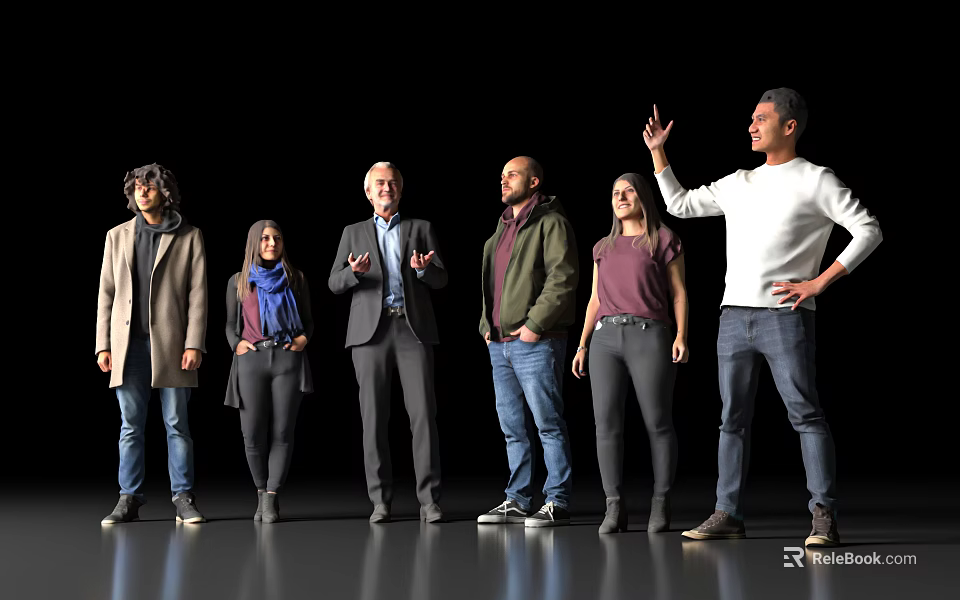Diverse Group of People Standing Together in Different Clothing on Gray Floor Against Black Background 3d model 