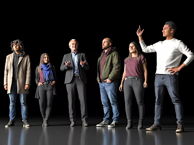Diverse Group of People Standing Together in Different Clothing on Gray Floor Against Black Background 3d model