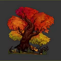 Autumn Tree With Red And Yellow Leaves Surrounded By Mushrooms And Fallen Leaves
