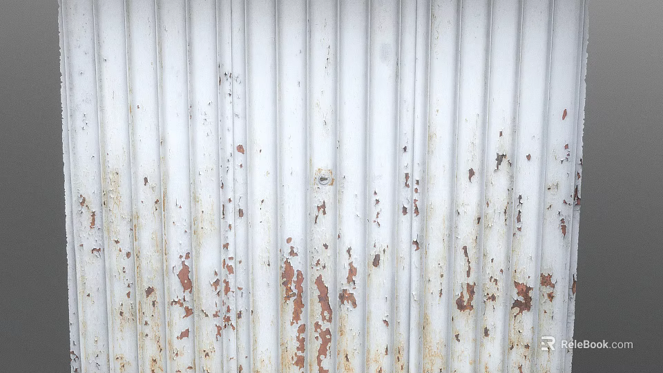 White Corrugated Metal Sheet with Rust Patches and Peeling Paint Textured Surface 3d model 