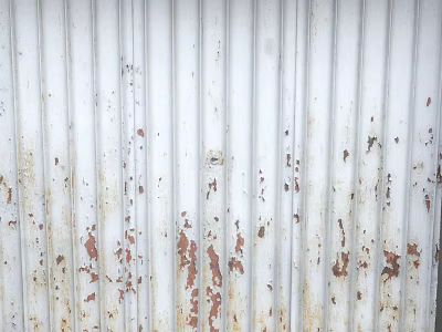 White Corrugated Metal Sheet with Rust Patches and Peeling Paint Textured Surface 3d model