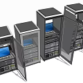 Open Server Racks Showing Computer Equipment Displays Network Devices And Cables 3d model
