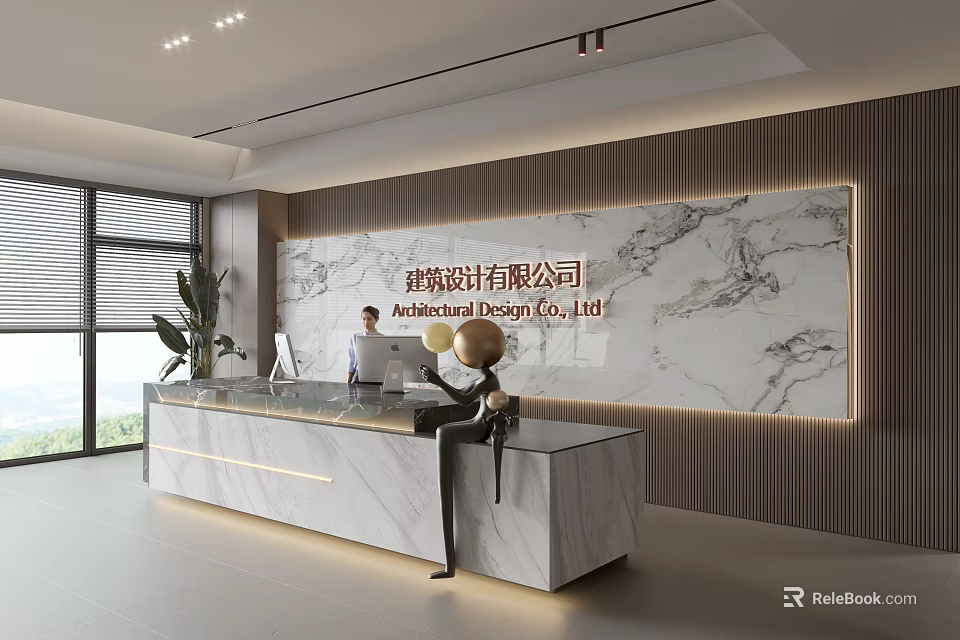 Modern Office Reception Desk With Marble Wall Company Logo And Green Plant 3d model 