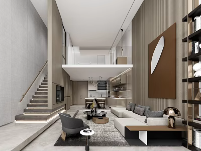 Modern Apartment Interior Design With Living Room Staircase Sofa Coffee Table Decorative Painting And Bookshelf 3d model