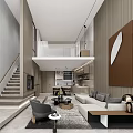 Modern Apartment Interior Design With Living Room Staircase Sofa Coffee Table Decorative Painting And Bookshelf