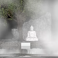 Buddha Sculpture in Sitting Posture with Stone Cave Background and Tree Elements
