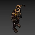 Creepy Yellow Damaged Robot With Blood Stained Body And Worn Parts