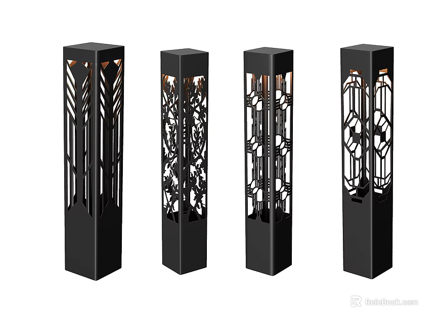 Modern Black Outdoor Pillar Lights with Intricate Cutout Patterns and Decorative Design 3d model 