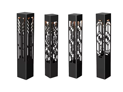 Modern Black Outdoor Pillar Lights with Intricate Cutout Patterns and Decorative Design 3d model