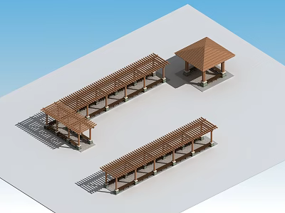 Outdoor Wooden Pergola Design With Long Structure Pavilion Style Roof And Support Columns 3d model