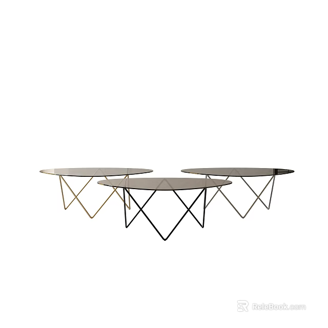 Three Modern Coffee Tables With Angular Metal Legs And Smooth Round Tops 3d model