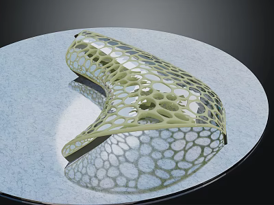 Modern Curved Light Green Pergola Featuring Intricate Honeycomb Structure On Reflective Circular Platform 3d model