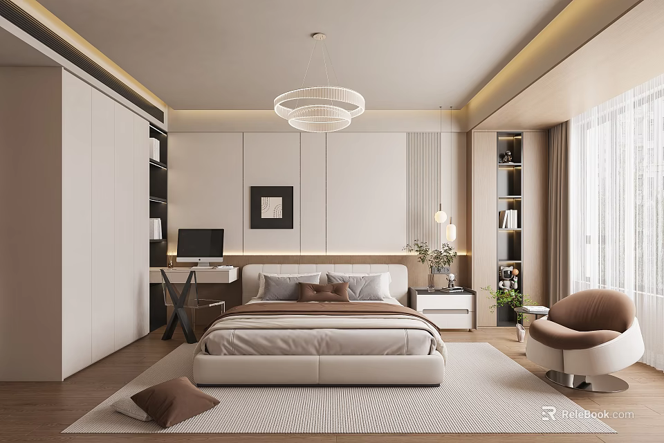 Modern Minimalist Bedroom Interior With Upholstered Bed Chandelier Desk Area Rug And Accent Chair 3d model 