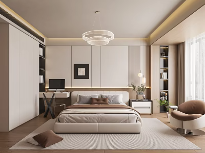 Modern Minimalist Bedroom Interior With Upholstered Bed Chandelier Desk Area Rug And Accent Chair 3d model