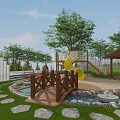 Vibrant Children's Play Area With Yellow Slide Orange Crab Structure Wooden Bridge Stream And Trees