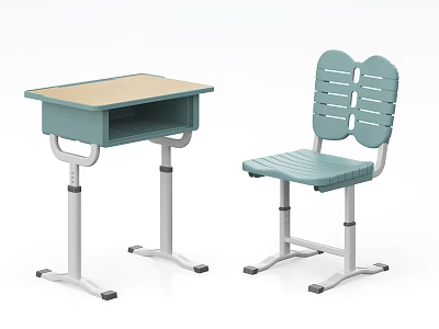 Kids Study Chair With Ergonomic Backrest Matching Desk Green Frame Wooden Top And Metal Legs 3d model