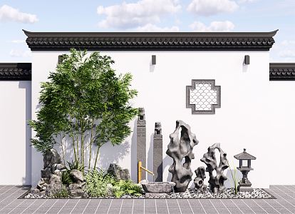 New Chinese style landscape sketch courtyard landscape sketch rockery stone bamboo 3d model