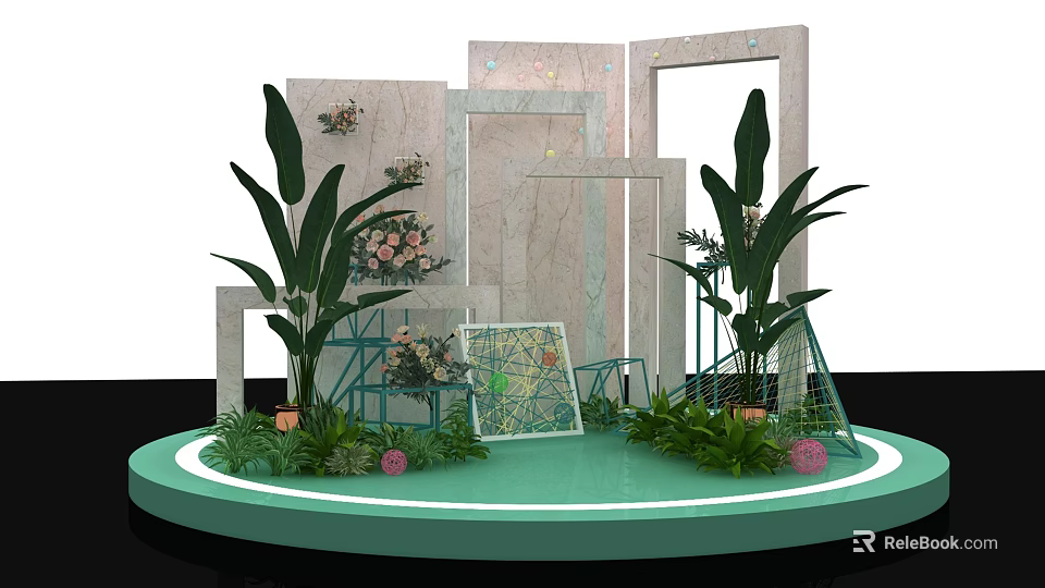 Modern Decorative Display Setup With Green Circular Platform Large Leaf Plants And Geometric Frames 3d model