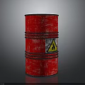 Rusty Red Oil Barrel With Black Metal Hoops And Yellow Warning Sign And Flame Symbol