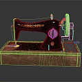 Vintage Hardware Sewing Machine With Black Body Colorful Decorations And Wooden Base