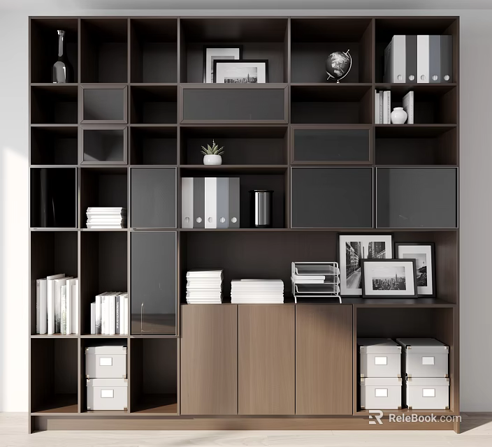 Modern Multi Compartment Bookcase Design With Books Photo Frames Folders Globe And Storage Boxes 3d model 