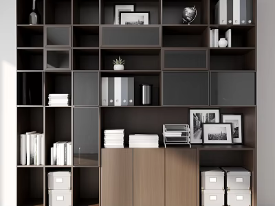 Modern Multi Compartment Bookcase Design With Books Photo Frames Folders Globe And Storage Boxes 3d model