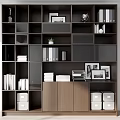Modern Multi Compartment Bookcase Design With Books Photo Frames Folders Globe And Storage Boxes 3d model