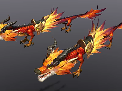 Fantasy Flaming Dragon Game Movie Character With Red Orange Feathers And Sharp Horns 3d model
