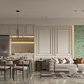 Elegant Modern Living Dining Room With Green Marble Wall Light Gray Sofa And Geometric Rug