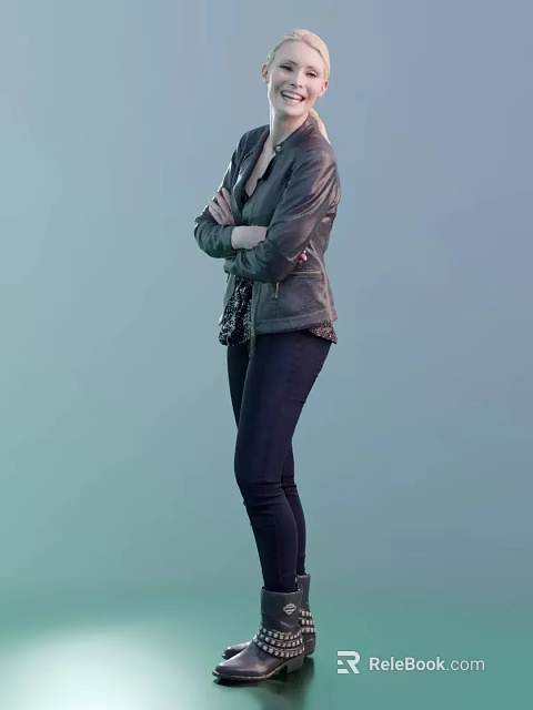 A Woman Standing With Arms Crossed In Leather Jacket And Dark Pants Against Light Green Background 3d model 