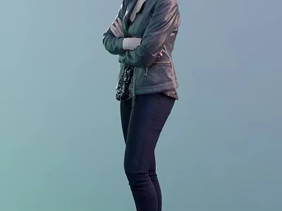 A Woman Standing With Arms Crossed In Leather Jacket And Dark Pants Against Light Green Background 3d model