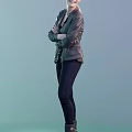 A Woman Standing With Arms Crossed In Leather Jacket And Dark Pants Against Light Green Background