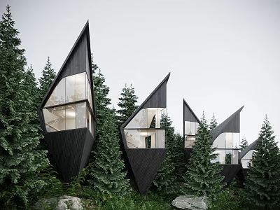 Modern Black Detached Villa With Triangular Design Glass Windows And Pine Trees 3d model