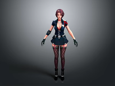 Stylish Game Movie Character With Purple Hair Uniform Short Skirt Fishnet Stockings And Black Gloves 3d model