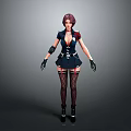 Stylish Game Movie Character With Purple Hair Uniform Short Skirt Fishnet Stockings And Black Gloves