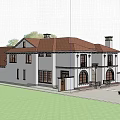 Classical Detached Villa White Exterior Red Tile Roof Arched Windows And Vintage Truck