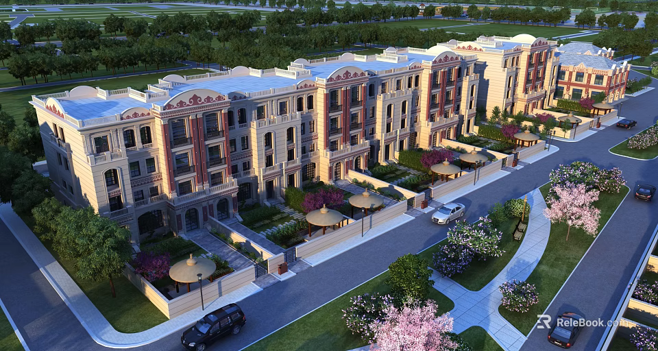 Elegant Townhouse Row With Classic Architecture Lush Gardens And Cherry Blossom Trees 3d model 